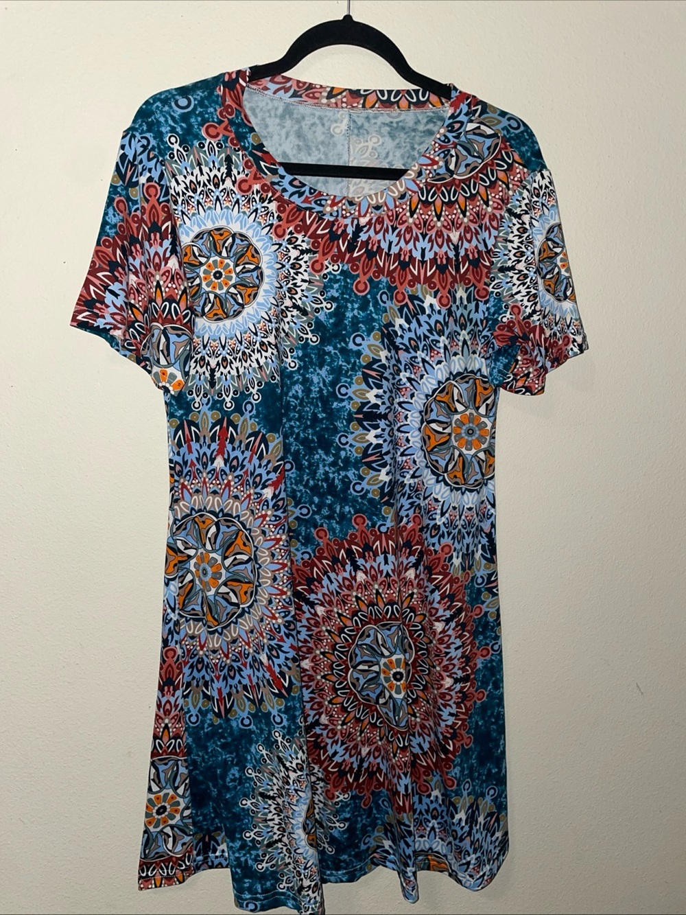 Women's Colorful Mandala Print Shift Dress Short Sleeve Casual Size M Unbranded